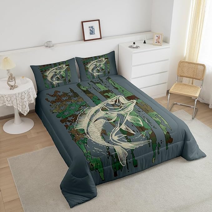 Bass Fish Comforter Set Full Size Green Camouflage Bedding Set for Fishing Lover Gifts Boys Girls Camo Pike Fish Fishing Comforter Wild Fisherman Bed Set Rustic Cabin Bedroom Decor