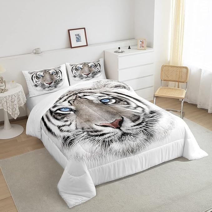 Erosebridal Boys Tiger Comforter Set Queen Size, Wild Animal Print Down Comforter for Boys Girls Teens Adult Bedroom, Grey Tiger Skin Duvet Insert Black White Stripe Bedding Comforters for Bedroom