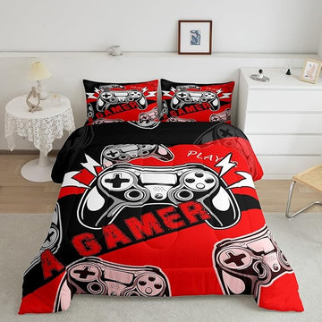 Erosebridal Gaming Bedding Sets for Boys Gamer Comforter Set Queen Size,Video Gaming Bedding Set Game Console Kids Comforter Sets 3Pcs Gamer Room Decor,Red Black