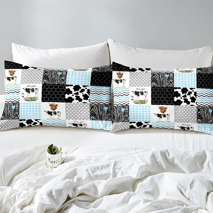 Cute Cow Print Comforter Set Twin Size Kawaii Highland Cow Bedding Set Bedroom Decor Honeycomb Plaid Pattern Geometric Stripes Down Comforter Cartoon Farm Animals Duvet Set, Blue Black Grey