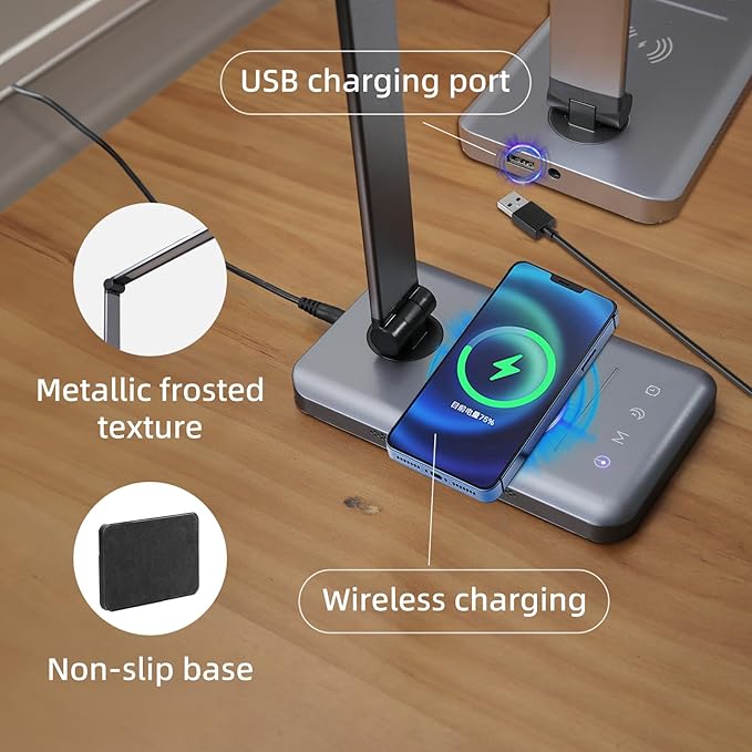 LED Desk Lamp with Wireless Charger, Dimmable Table Lamp Reading Lamp with USB Charging Port, 5 Lighting Modes, Auto-Off Timer, Study Lamp, Eye-Caring Office Lamp with Night Light