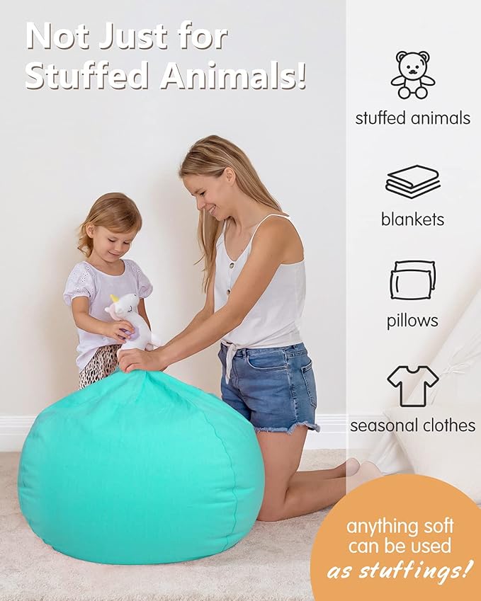 Aubliss Stuffed Animal Bean Bag Storage Chair, Beanbag Covers Only for Organizing Plush Toys, Turns into Bean Bag Seat for Kids When Filled, Large 38"-Canvas Solid Aqua