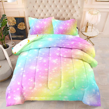 Rainbow Comforter Set 5 pcs Full,Pink Bedding,Bed in A Bag 5 pcs Rainbow Comforter,Kids Princess Comforter Set Full,Rainbow Bedding for Teen Girls Adults