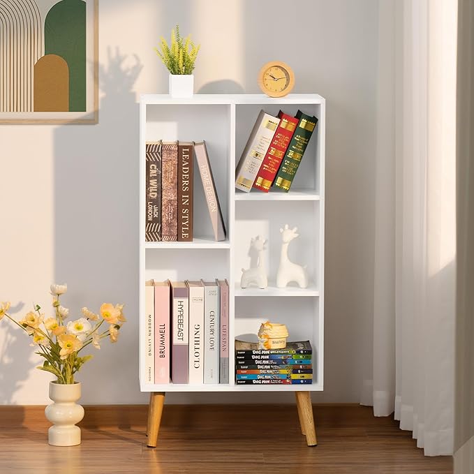 YAHARBO Small White Bookshelf,3 Tier Modern Kids Bookcase with Legs,5 Cube Wooden Bookshelves Storage Shelf,Book Shelves Organizer,Display Bookcases Cabinet for Room Nursery Study