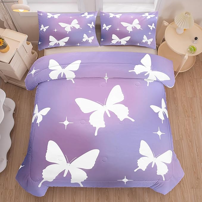 Tailor Shop Butterfly Comforter Sets Twin Size,Purple Butterfly Bedding Sets for Girls Kids Teens with 1 Pillowcase…