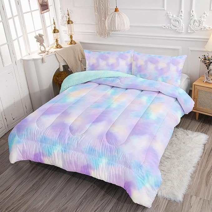 Axolotl Tie Dye Bedding Set Full,Pink Blue Purple Comforter Set,Boho Psychedelic Bedding Colorful Tie Dye Pastel Comforter Set,Rainbow Bedding Set for Kids Girls Teens Women,1 Quilt 2 Pillowcases