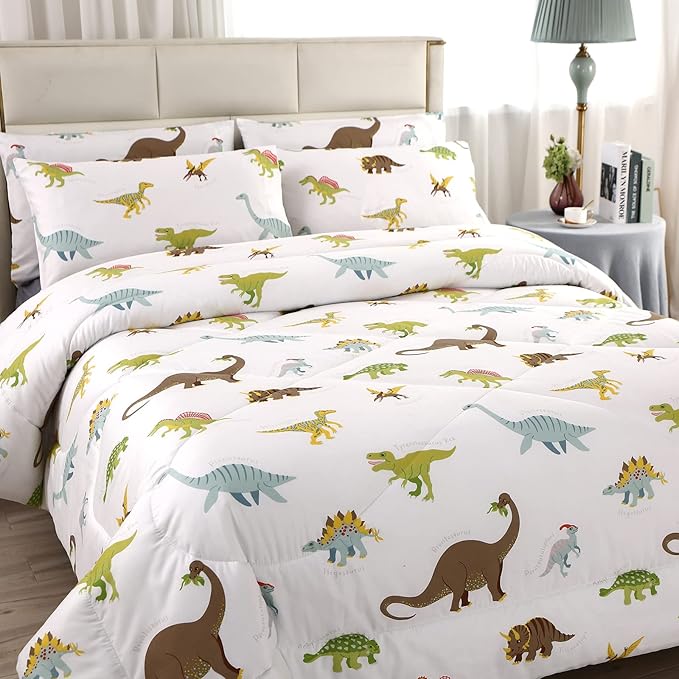 MAG 3Pcs Dinosaur Bedding Comforter Set, Dino White Base Twin Comforter Set,for Toddlers Kids,Boys Teens and Girls,Super Soft Microfiber, Twin Size (1 Comforter + 2 Pillowcases)