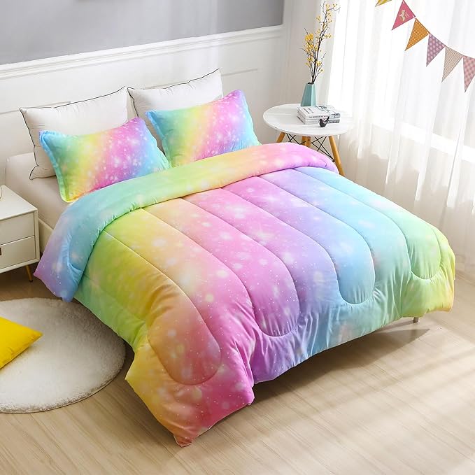 Girls Unicorn Bedding Set 3 Piece Rainbow Comforter Set for Teen Girls Adults with Sparkle Stars Soft Bedding Sets Machine Washable, Multi, Twin