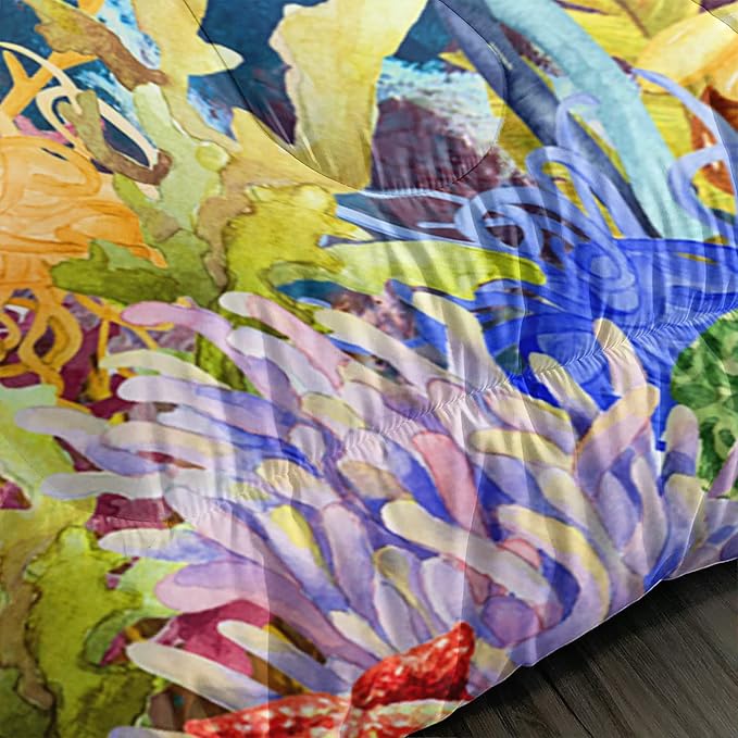 Kids Turtle Rose Comforter Set Full Beach Theme Jellyfish Starfish Bedding Set Sea Animal Reptile Bed Set with 2 Pillowcases for Boys Girls Room Decor
