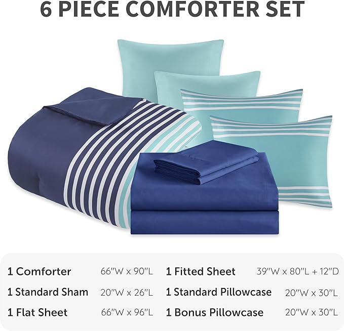 Comfort Spaces Twin XL Comforter Sets with Sheets - Bed in a Bag 6 Pieces Teen Bedding Sets Twin XL, Navy and Grey Stripes Bedding, College Twin Bed Set, 2 Side Pocket Bedroom Organizer Twin XL Navy