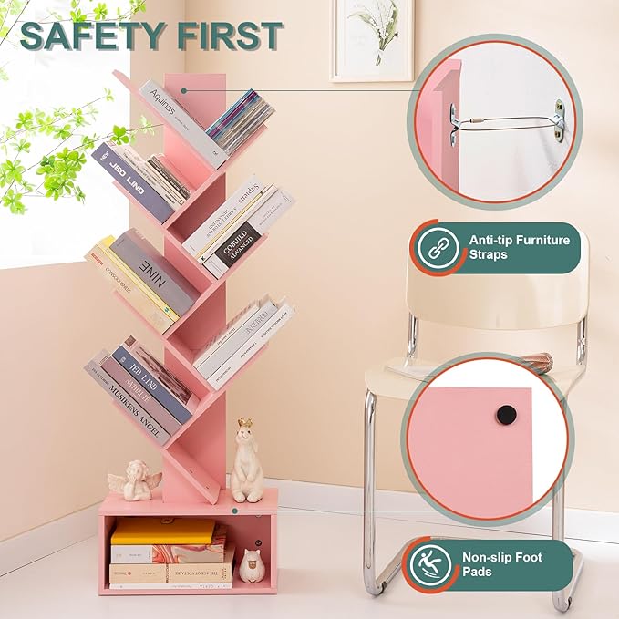 Yoobure Tree Bookshelf - 6 Shelf Retro Floor Standing Bookcase, Tall Wood Book Storage Rack for CDs/Movies/Books, Utility Book Organizer Shelves for Bedroom, Living Room, Home Office Pink