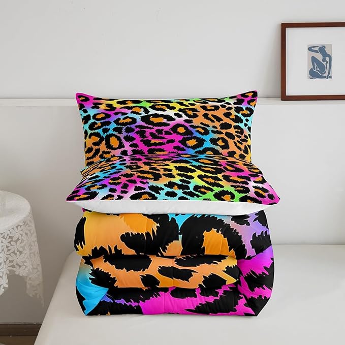 Leopard Print Comforter Set for Girls Kids Women Neon Rainbow Leopard Fur Bedding Set Mottled Exotic Panthera Skin Comforter Room Decor Colorful Camouflage Safari Theme Duvet Set Full Size Quilt Set