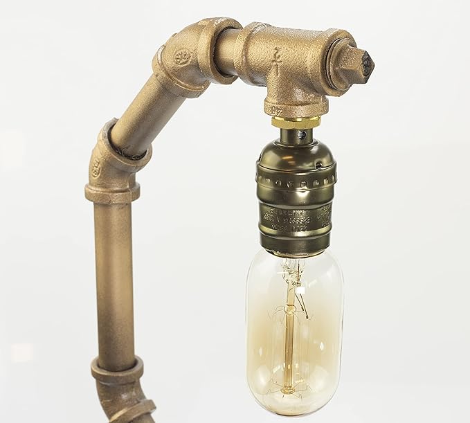 Steampunk Lamp with Dimmer, Dimmable Loft Style Industrial Vintage Antique Style Light with Bulb, Wood Base with Iron Piping Desk Lamp, Retro Desk Lamp LL-032