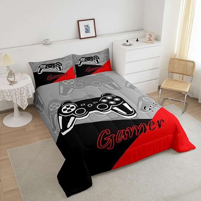 Feelyou Kids Gaming Twin Size Comforter Video Game Bedding Sets for Child Boys Teen Gamer Down Comforter All Season Reversible Game Controller Home Decor,1 Comforter with 1 Pillowcase, Red