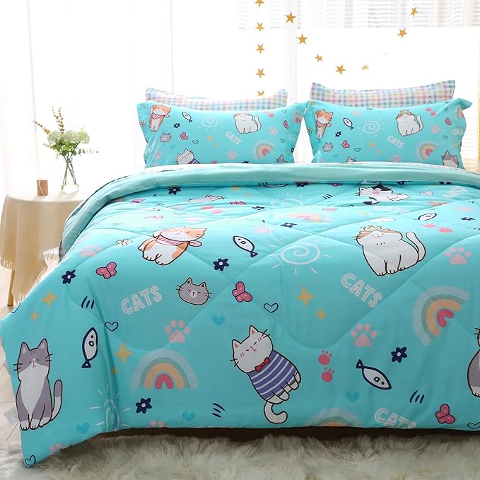 Kawaii Cats Comforter Set Twin Size for Girls Boys Kids Teens 7 Piece Cute Animal Fish Butterfly Bed in A Bag Cartoon Rainbow Star Sun Heart Bedding Set All Season Lightweight