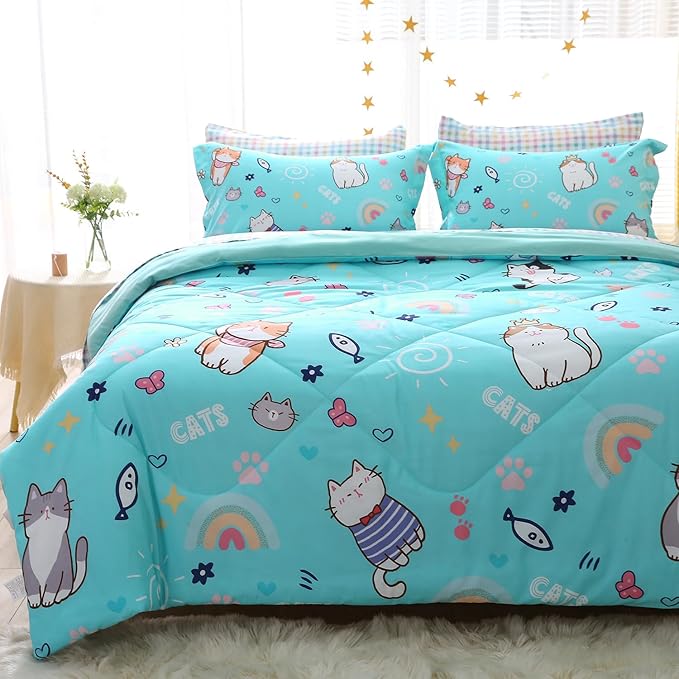 Cute Kids Cat Comforter Set Full Size 7 Piece Blue Rainbow Star Sun Heart Bed in A Bag Kawaii Animal Butterfly Fish Bedding Set for Girls Boys Teens Super Soft All Season