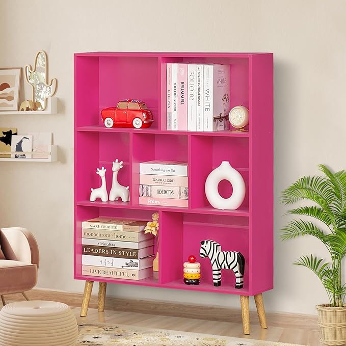LEYAOYAO 7 Cube Bookshelf,3 Tier Book Shelf with Legs,Pink Modern Bookshelf,Large Freestanding Open Toy Modern Bookshelves,Display Bookcases Decor Furniture for Nursery