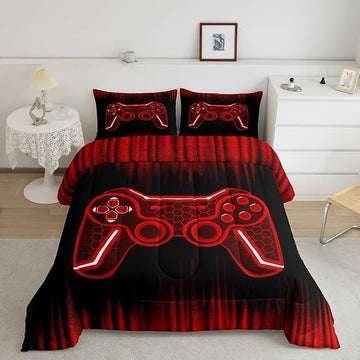Feelyou Gamer Comforter Set King Size Kids Game Controller Comforter for Boys Teens Red Black Bedding Set Gaming Duvet Set Room Decor Quilt Set