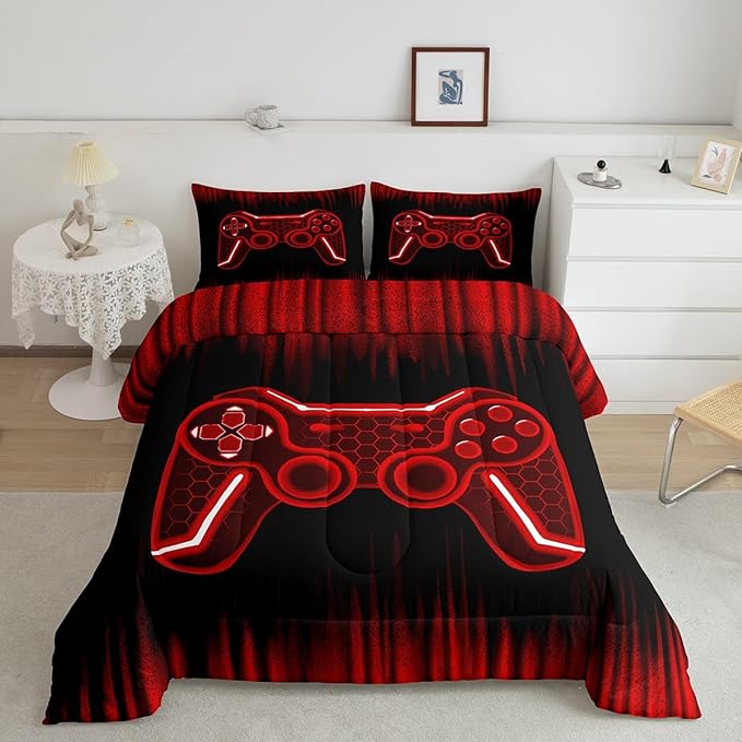 Feelyou Gamer Comforter Set King Size Kids Game Controller Comforter for Boys Teens Red Black Bedding Set Gaming Duvet Set Room Decor Quilt Set