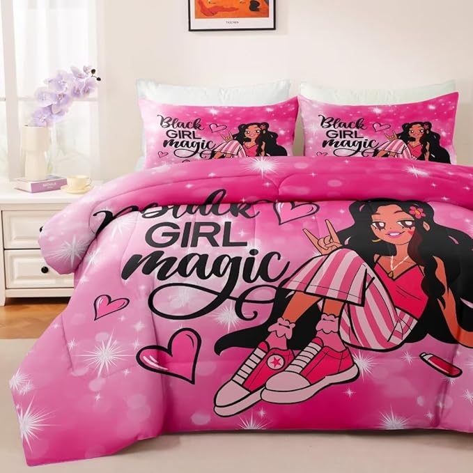 Black Girl Comforter Set Full for Kids,Black Girl Magic Bedding Set,Cuet Black Princess Girl Comforter Black Queen Melanin Bedroom Bed Set