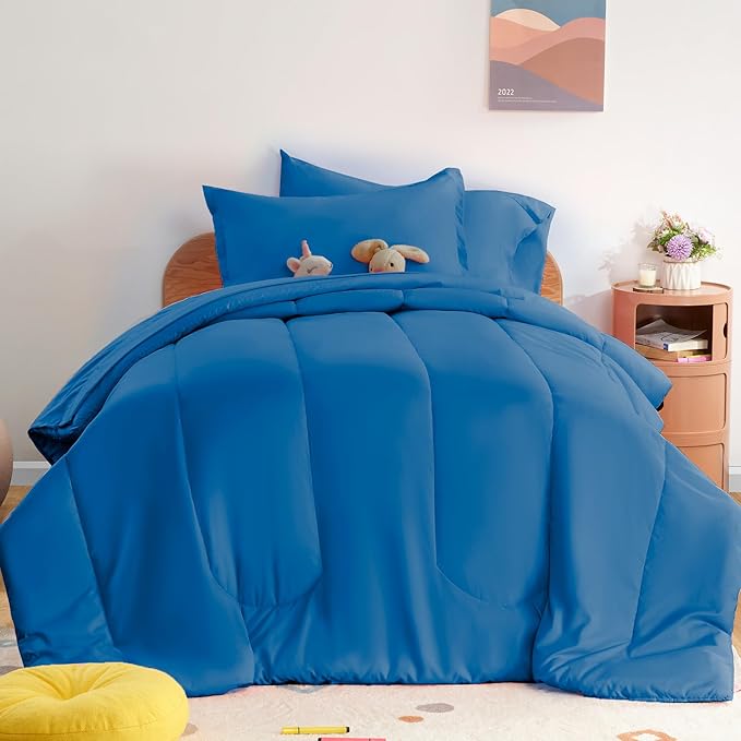 SLEEP ZONE Kids Bedding Comforter Set Full/Queen Size - Super Cute & Soft Kids Bedding 7 Pieces Set with Comforter, Sheet, Pillowcase & Sham (Blue)