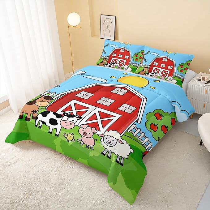 Farm Animals Comforter,Farmhouse Comforter Set for Kids Teens Girls Boys,Cartoon Animals 3Pcs Bedding Set Printed Comforter with 2 Pillowcases,Down Alternative,Soft and Lightweight，Full Size