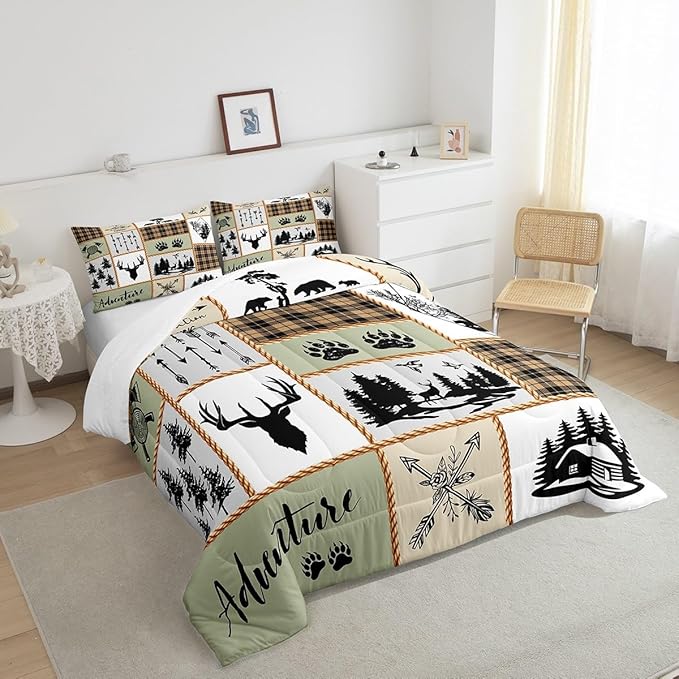 Camper Adventure Kids Comforter Set Twin Size,Deer Antlers Bear Paws Farmhouse Bedding Set for Boys Girls Adults Room Decor,Arrows Plaids Patchwork Down Comforter,Rustic Duvet Insert,1 Pillowcase