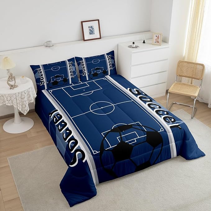 Feelyou Kids Soccer Ball Game Comforter Set King Size Rugby Sports Bedding Set for Boys Girls Teens Bedroom Decor Football Comforter Football Lover Duvet Set with 2 Pillow Case