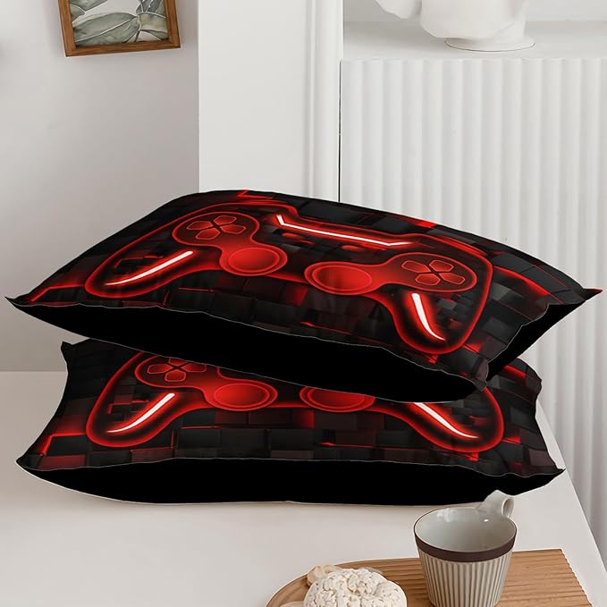Axolotl Gamepad Comforter Set Full Size,Red Grid Print Bedding Set,Boys Gaming Console Comforter Set,Video Gaming controller Bedding Set for Teens Men Adults,1 Quilt 2 Pillowcases,Red Black