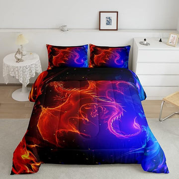 Erosebridal Dragon Comforter Set Nebula Bedding Set Twin Size Mysterious Outer Space Quilted Duvet Trippy Duvet Set for Kids Boys Girls Teens Young Man Room Decorative, Blue Red