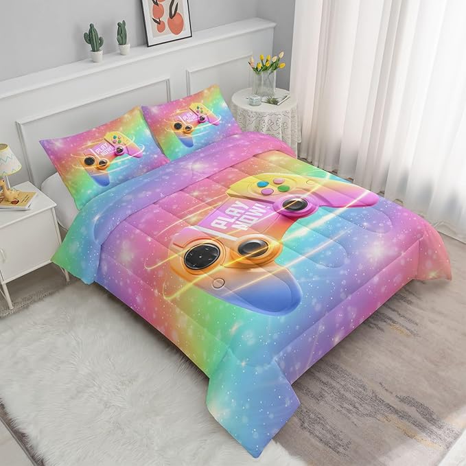 Datura home Bedding Comforter Set Rainbow Gamepad Printed Pattern Quilt with 1 and 2 Pillowcases for Girls Bedroom All Season(Rainbow Twin) Twin 68x86inches