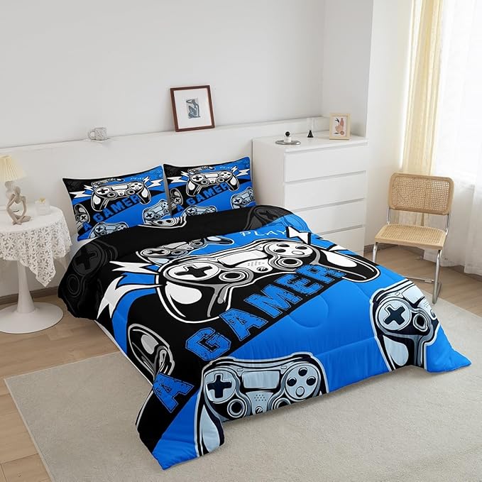 Erosebridal Twin Comforter Set for Boys Girls Kids,Gamer Comforter Sets for Boys Teens Video Game Bedding Set,Gaming Console Comforter Bedroom Decor Blue Black 2Pcs