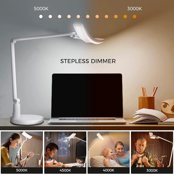 Eye-Care eReading Desk Lamp/Table Lamp/Task Lamp/Swing Arm Lamp: Auto-Dimming, CRI 97, Adjustable Temperatures, 51” Wide Illumination Desk Light for Home Office, Bedroom, Living Room