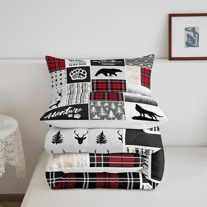 Deer Antlers Comforter Set Full Size,Bear Paws Pine Trees Xmas Bedding Set for Kids Boys Girls Adults Room Decor,Lattices Patchwork Rustic Farmhouse Down Comforter,Red Duvet Insert,2 Pillowcases