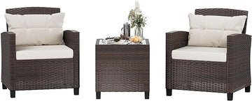 Shintenchi 3 Pieces Patio Furniture Set 3 Pieces PE Rattan Wicker Chairs with Table Outdoor Furniture for Backyard/Garden/Poolside/Outdoor Restaurant Brown Rattan with White Cushion