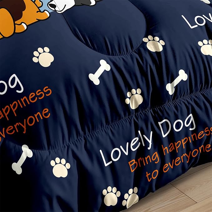 Bedding Set, 3Pcs Cartoon Dog Comforter Set for Boys, Queen Size, Lovely Puppy Patterns, Fun Animal Lover Quilt with 2 Pillowcases