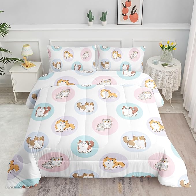 Datura home White Kawaii Cat Comforter Bedding Set Girls Kitten White Print Cute Animal Pattern Bedding Set 1 Comforter 2 Pillowcases Girls Bedroom All Season(Cat White Full) Full 80x90''