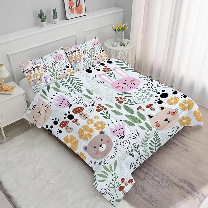 Floral Cat Bedding Full Size Cartoon Cats Comforter Set for Girls Boys Kids Teen Children Green Animals Print Bedroom Dorm Quilt 1 Comforter + 2 Pillow Cases