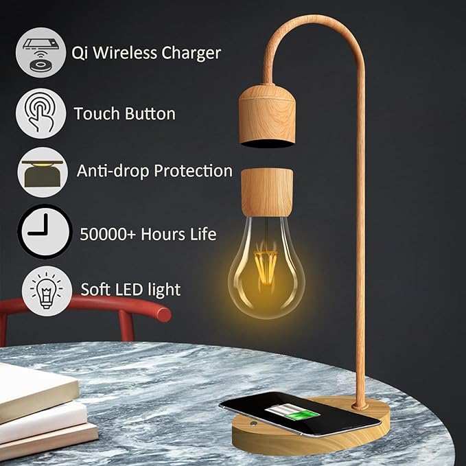 Magnetic Levitating Lamp with Wireless Phone Charging Pad Floating Light Bulb LED Night Light Wood Grain Table Lamp Levitation Desk Lamp for Office Home Decoration Christmas Gift