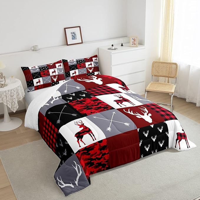 Deer Silhouette Comforter Set Full Size,Antler Arrow Grid Stripe Design Bedding Duvet 3pcs for Kids Teens Adult Boys Girls Home Room Decoration, Camouflage Christmas Style Red Quilt Set
