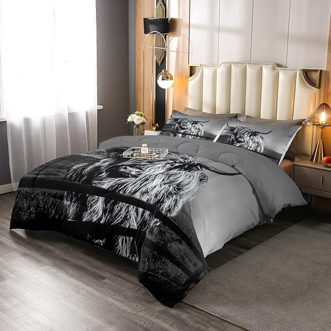 Highland Cow Bedding Set Queen Size Grey Bull Cattle Comforter Set Funny Farmhouse Wildlife Animal Duvet Set for Kids Boys Girls Teens Western Cowboy Style Down Comforter Adult Bedroom Decor
