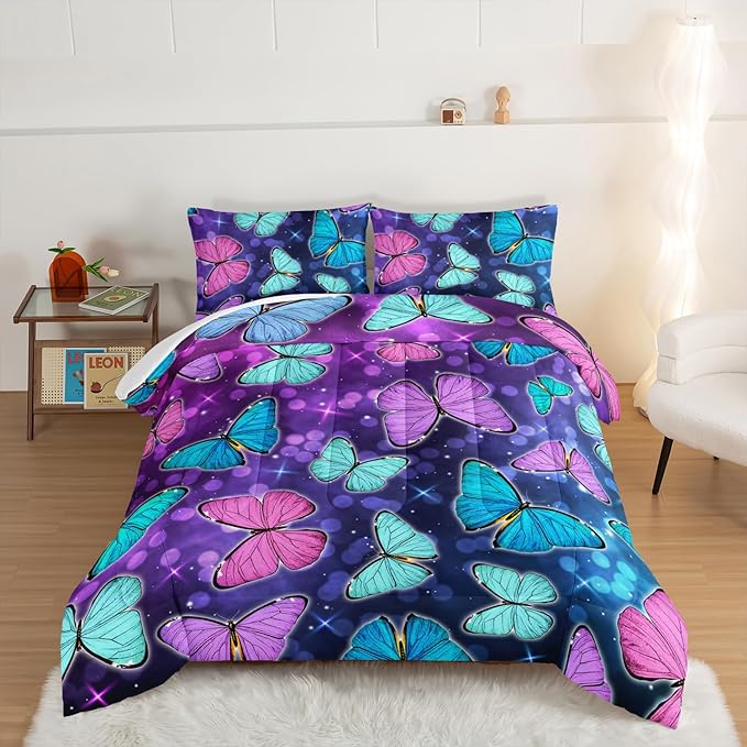 HOSIMA Butterfly Comforter Set with 2 Pillowcases,Glitter Purple Blue Butterfly Printed Bedding Queen Comforter Set for Adults Kids,Starry Sky Galaxy Comforter Butterfly Room Decor Aesthetics.