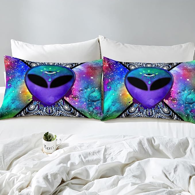 Erosebridal Trippy Alien Comforter Set Twin, Boho Tie Dye Bedding Sets for Kids Teens Adult Galaxy Outer Space Down Comforter Psychedelic Hippie Skull Duvet Sets 2 Pieces with 1 Pillow Case