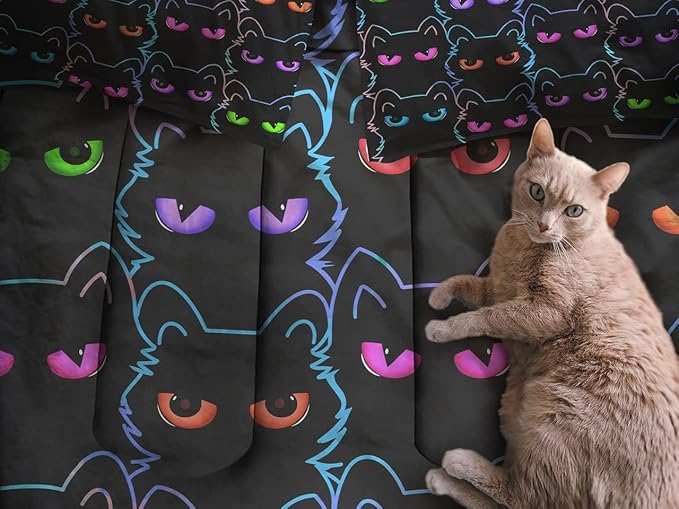 Sunnycitron Cartoon Cat Bedding Cute Cat Comforter Twin Black Cat Comforter set Gradient Line Cat Quilt 3D Neon Cat Bed set Black Cat Bedding set for Teens Kids Boys Girls Adults
