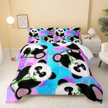 Panda Comforter Full Size,Neon Panda Comforter Set for Kids Teens Girls Boys,3Pcs Bedding Set Printed Comforter with 2 Pillowcases,Down Alternative,Soft and Lightweight，Full Size