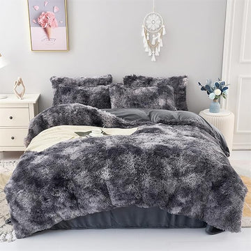 WINLIFE Shaggy Comforter Set Twin Grey for Boys Teens Faux Fur Bedding Sets Flannel Furry Comforter Plush Comforter Sets Gradient Ombre Tie Dye Bed Sets (3Pcs, Twin, Dark Grey)