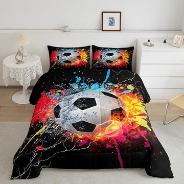 Kids Soccer King Size Comforter Set For Boys Football Sports Bedding Set Teen Colorful Grunge Hippie Tie Dye Quilt Comforter Red Blue Water Fire Lightning Duvet Insert Lightweight Bedroom Dorm Decor