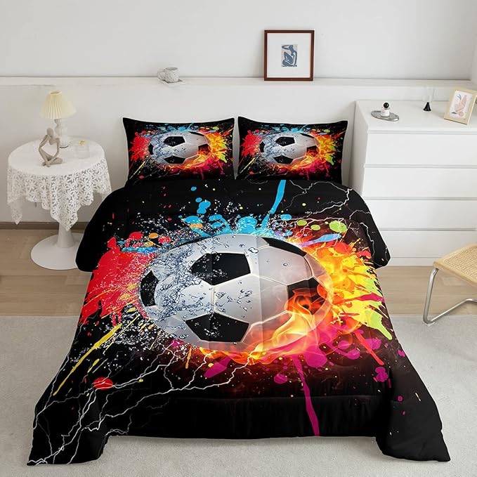 Kids Soccer King Size Comforter Set For Boys Football Sports Bedding Set Teen Colorful Grunge Hippie Tie Dye Quilt Comforter Red Blue Water Fire Lightning Duvet Insert Lightweight Bedroom Dorm Decor