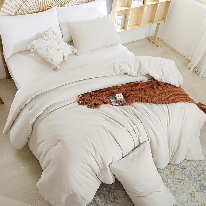 Beige Comforter Queen Size 3PCS Bed Comforter with 2 Pillowcases - Ligtweight Soft Solid All Season Queen Comforter Bed Set - Boho Aesthetic Bedding Set for Men and Women