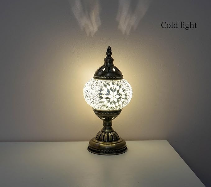 Turkish Mosaic Lamp Bohemian Tiffany Style Moroccan Bedside Lamps for Bedroom (White)